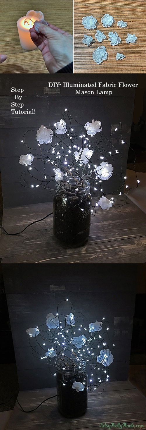 Illuminated Fabric Flower lamp with Mason jar. Step by step tutorial. DIY project. Use Led fairy lights and organza.