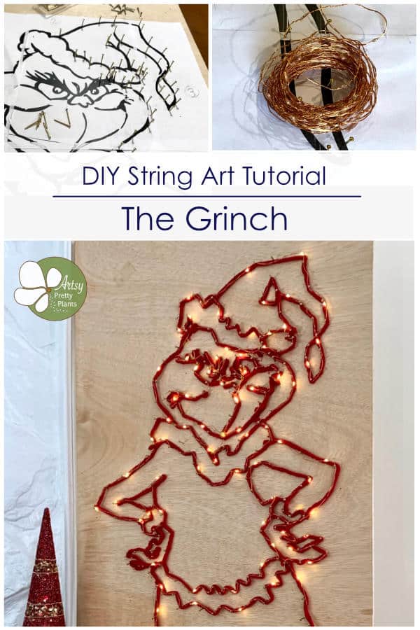 Grinch plywood with grinch shape, string and lights