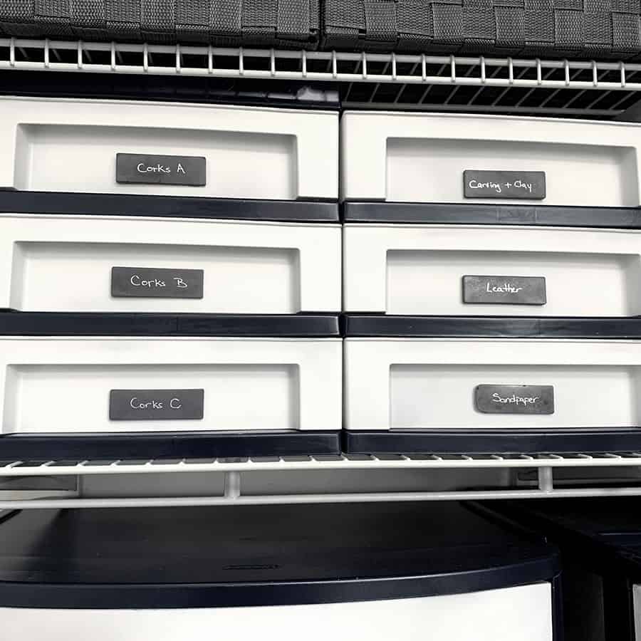 finished painted plastic drawers with concrete labels