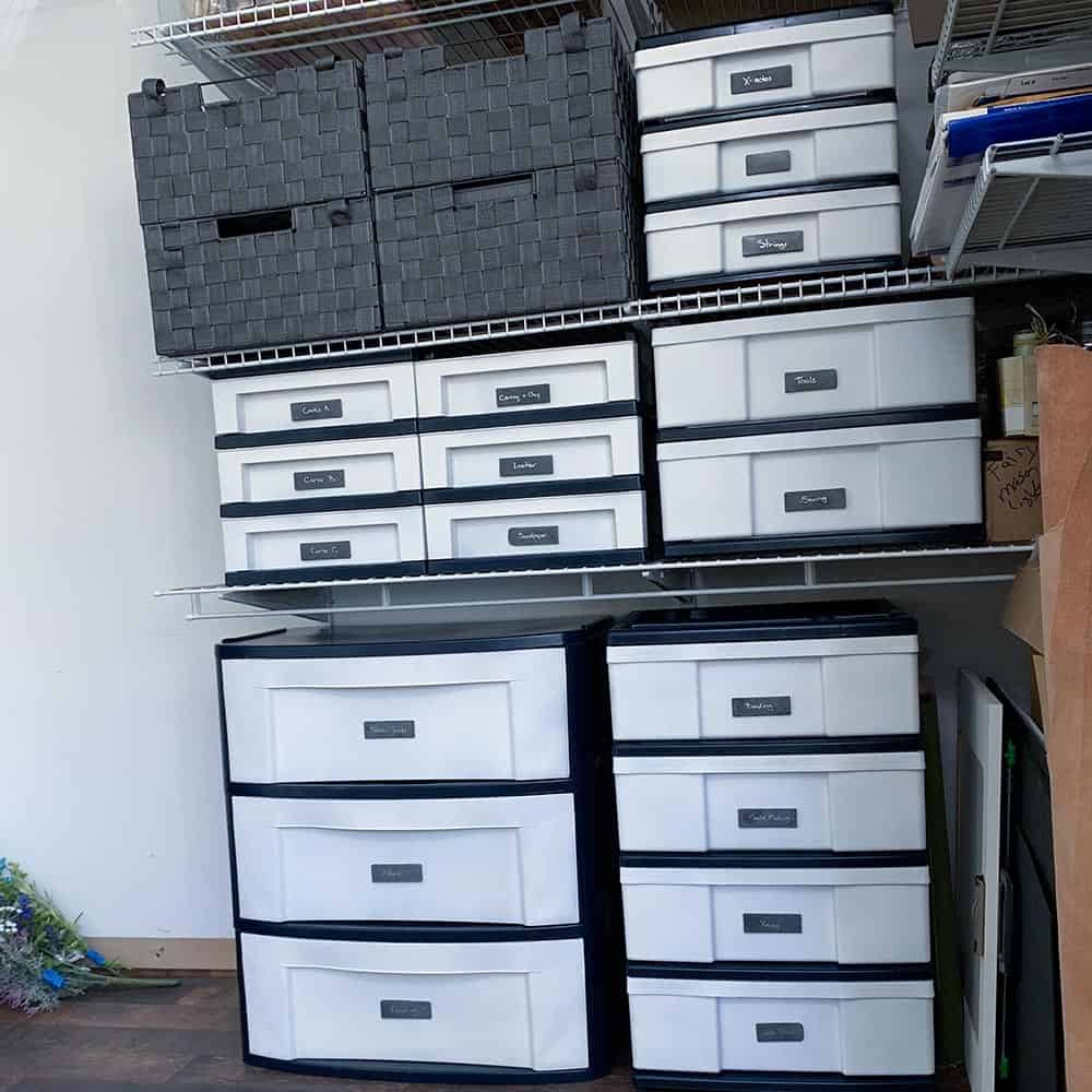 painted plastic drawers with diy concrete labels attached