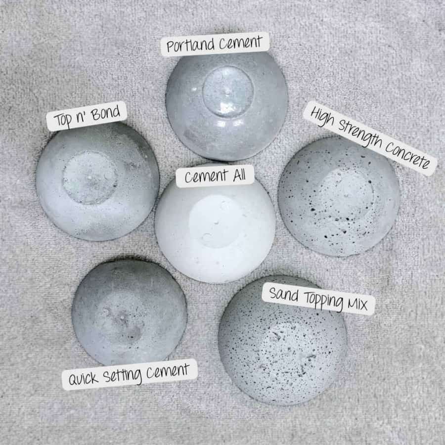 comparison of bowls made with 6 different mixes for making cement & concrete crafts