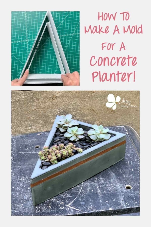 triangular concrete planter with copper line- succulents inside