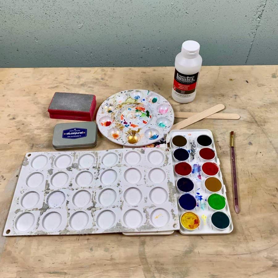 materials for making cement magnets with watercolor sunsets