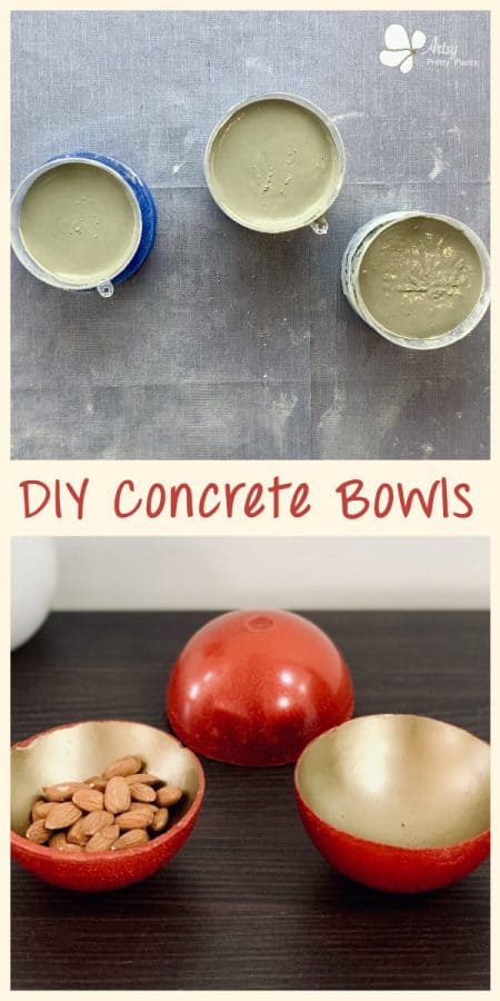 DiY mini concrete bowls with photo of wet mix in molds above