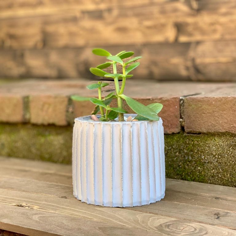 DIY Fluted Concrete Planter on wood with brick background