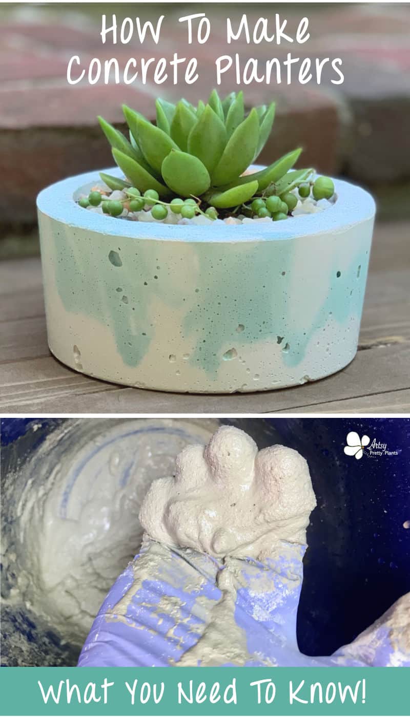 planter with succulent inside, hand with glove holding wet cement mix