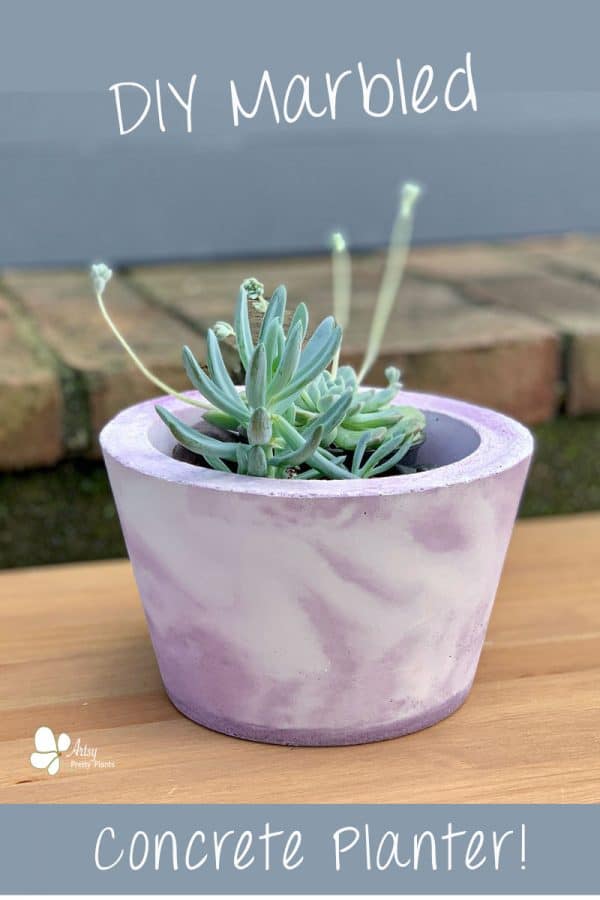 marbled purple and white cement planter with plant inside