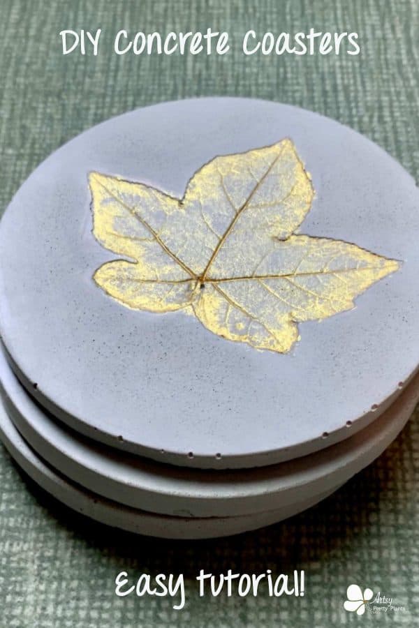 Concrete Coasters- stacked with sweet gum tree leaf imprint, painted gold.