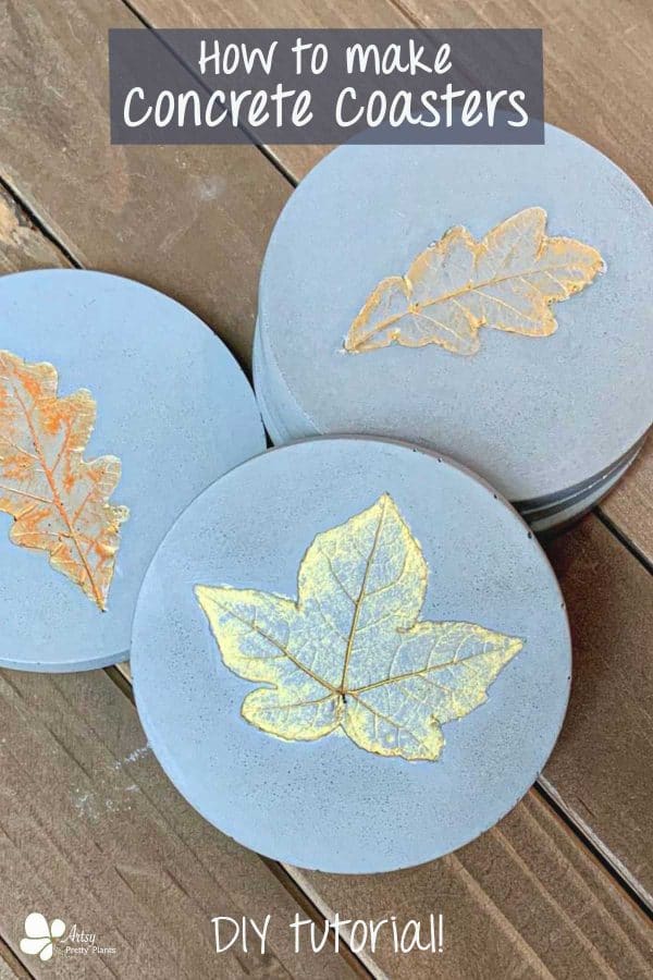 Concrete Coasters- 3 DIY coasters with various leaf imprints, painted iridescent gold and orange.