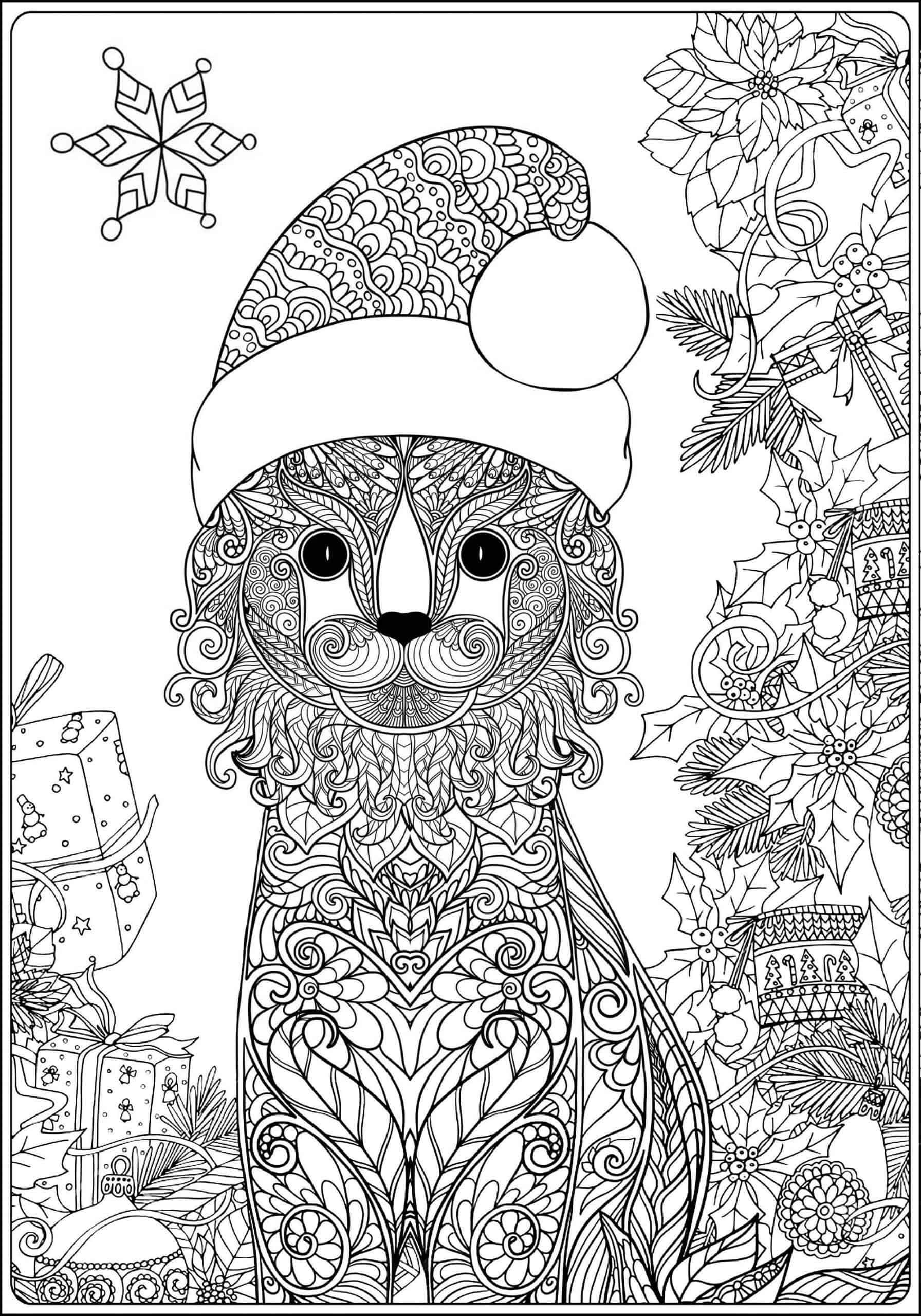 Christmas Coloring Page For Kids And Adults Cute Cat With Scarf
