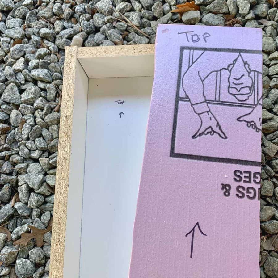insulation board with top labeled and melamine box also labeled top