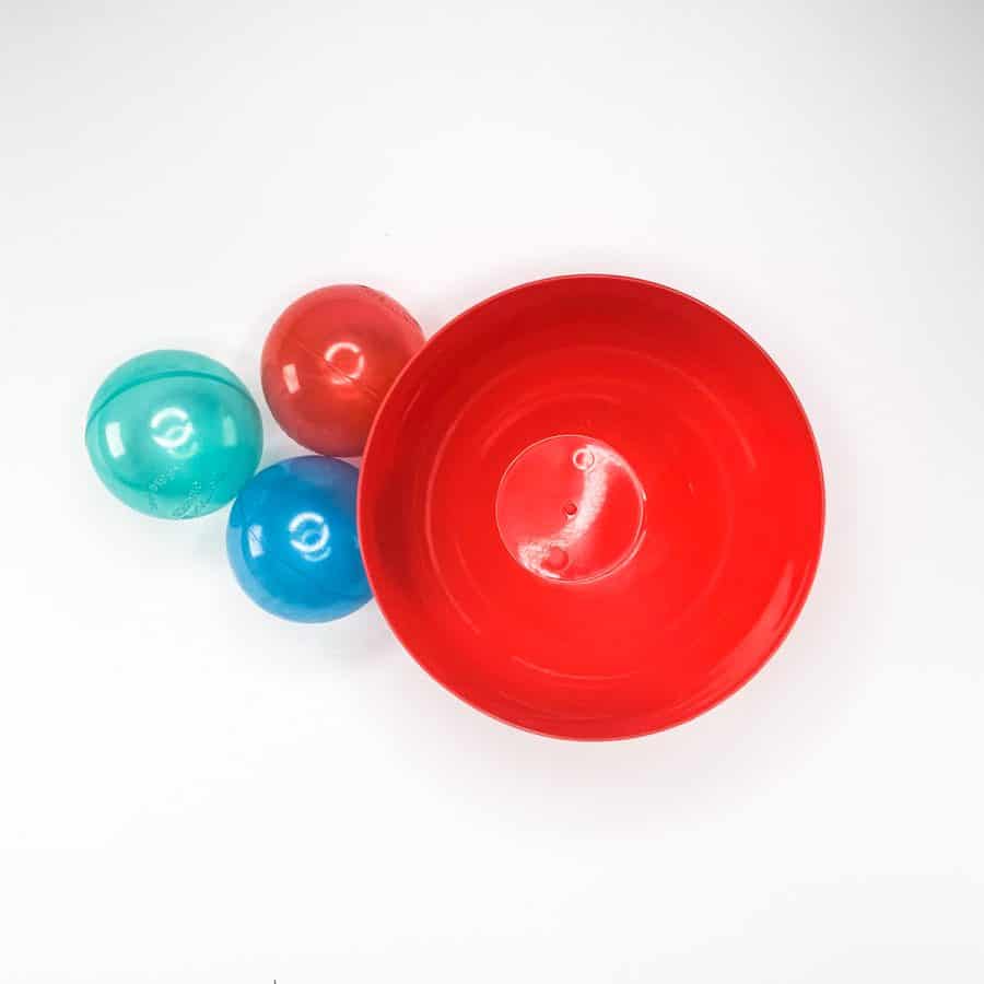 shiny plastic balls and bowl