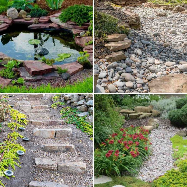 4 different rock landscaping designs ideas- outdoor stairs with rocks, rock pond, dry creek garden bed and a dry creek bed