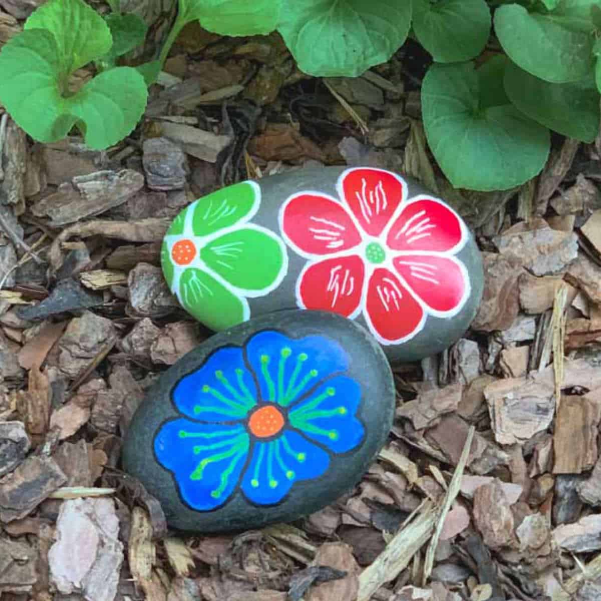 flower painted rocks in a garden