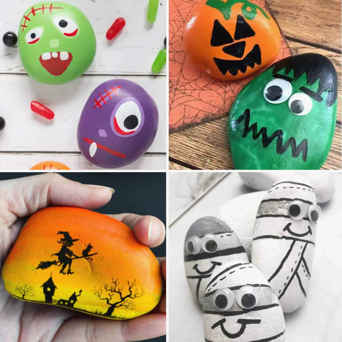 4 different images of rocks with halloween themed characters painted on them