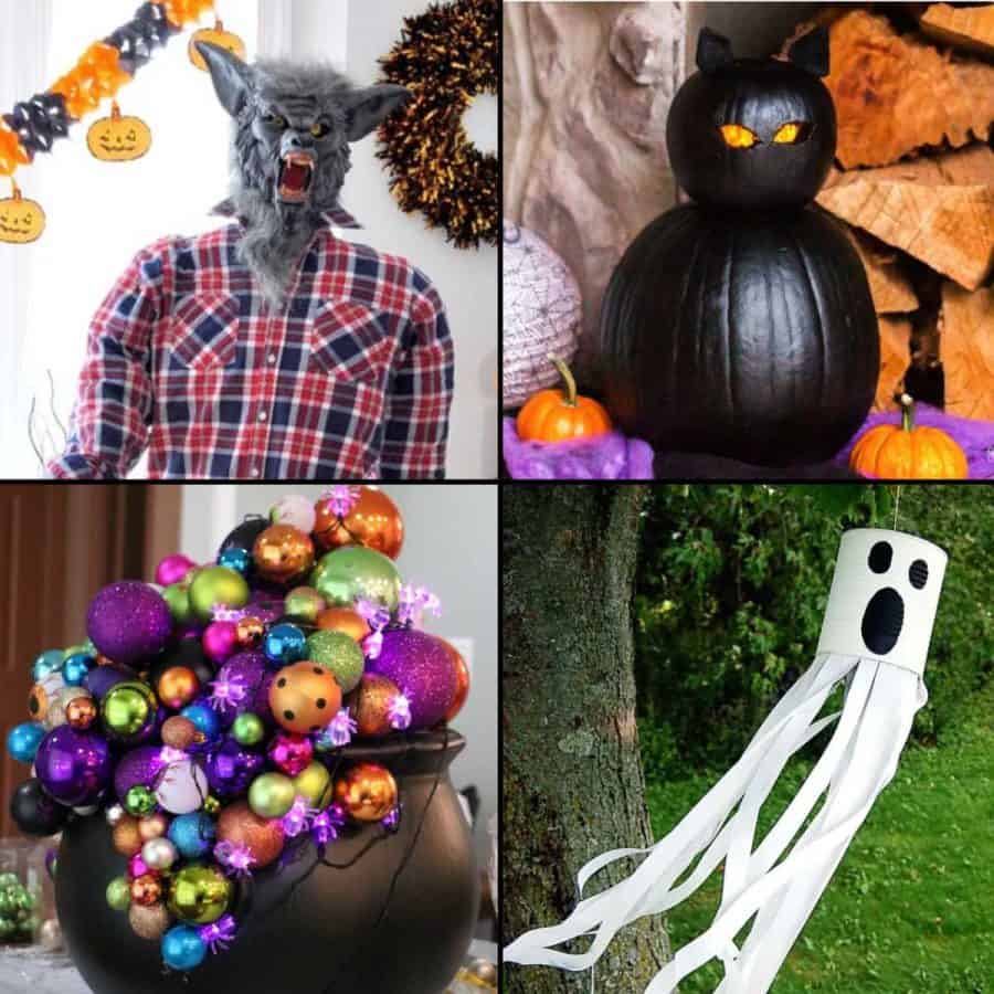 4 different halloween decorations- werewolf, witch cauldron, hanging ghost and a black cat pumpkin