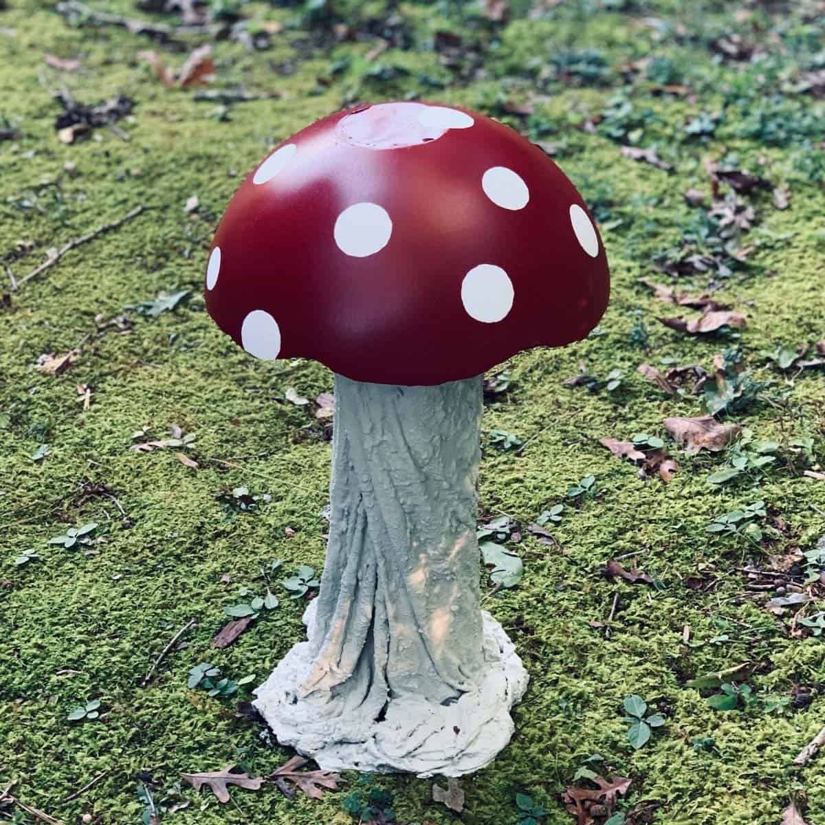 finished large DIY concrete mushroom in yard