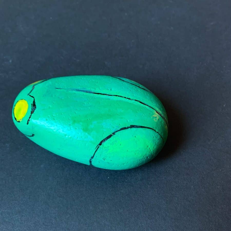 green rock with yellow eyes, black outline of hind legs, spine and chin and eyes