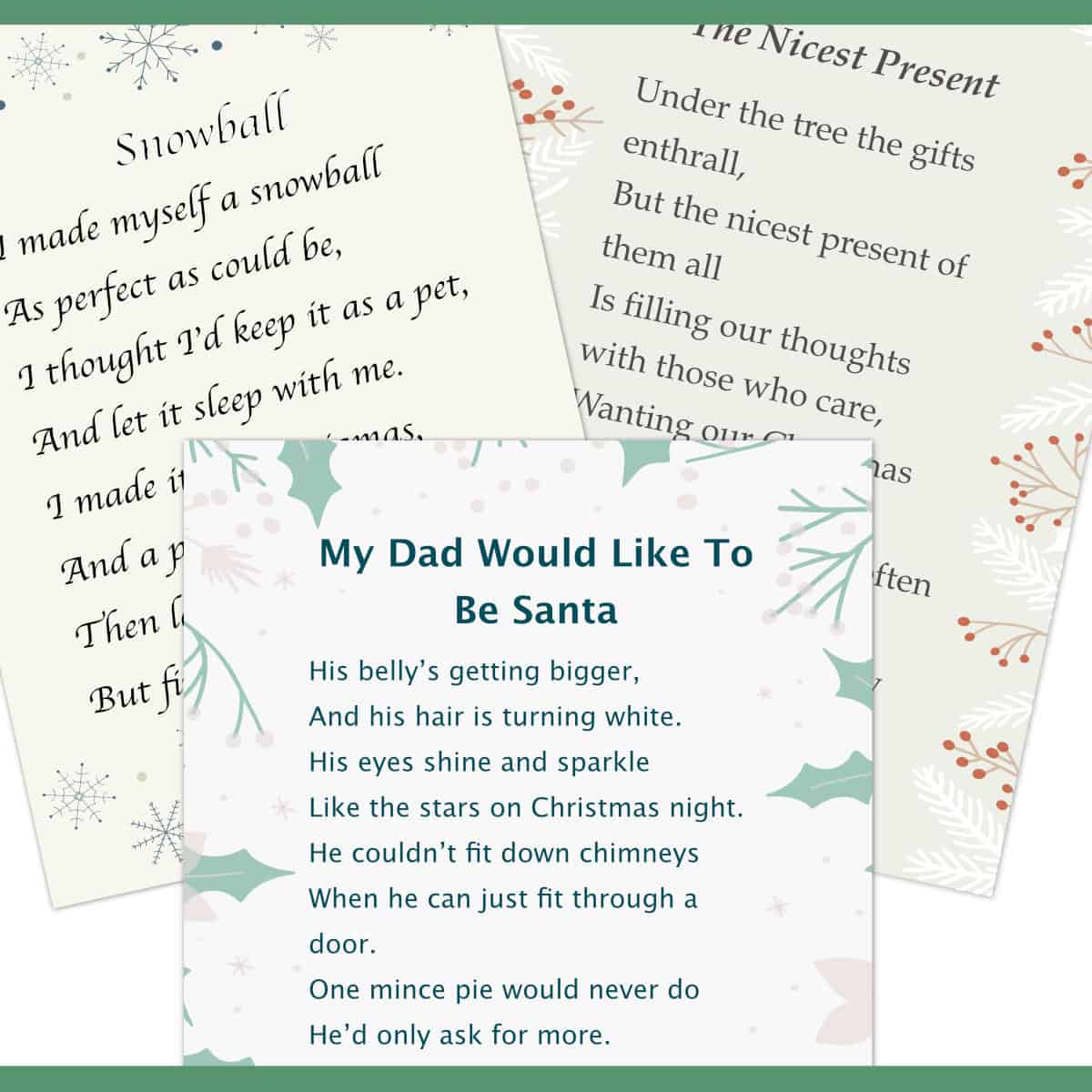 3 different poems for Christmas on paper.