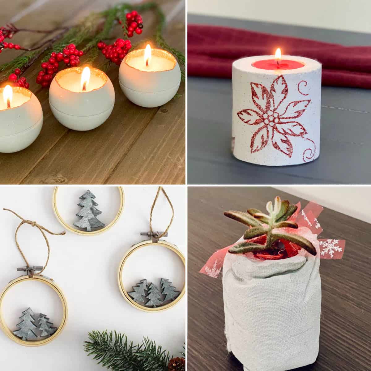 a collage of 4 concrete christmas decor items- set of 3 concrete candles that are round, a white candle with poinsettia design, planter in shape of burlap bag, wooden hoop on wall with concrete-looking christmas trees inside