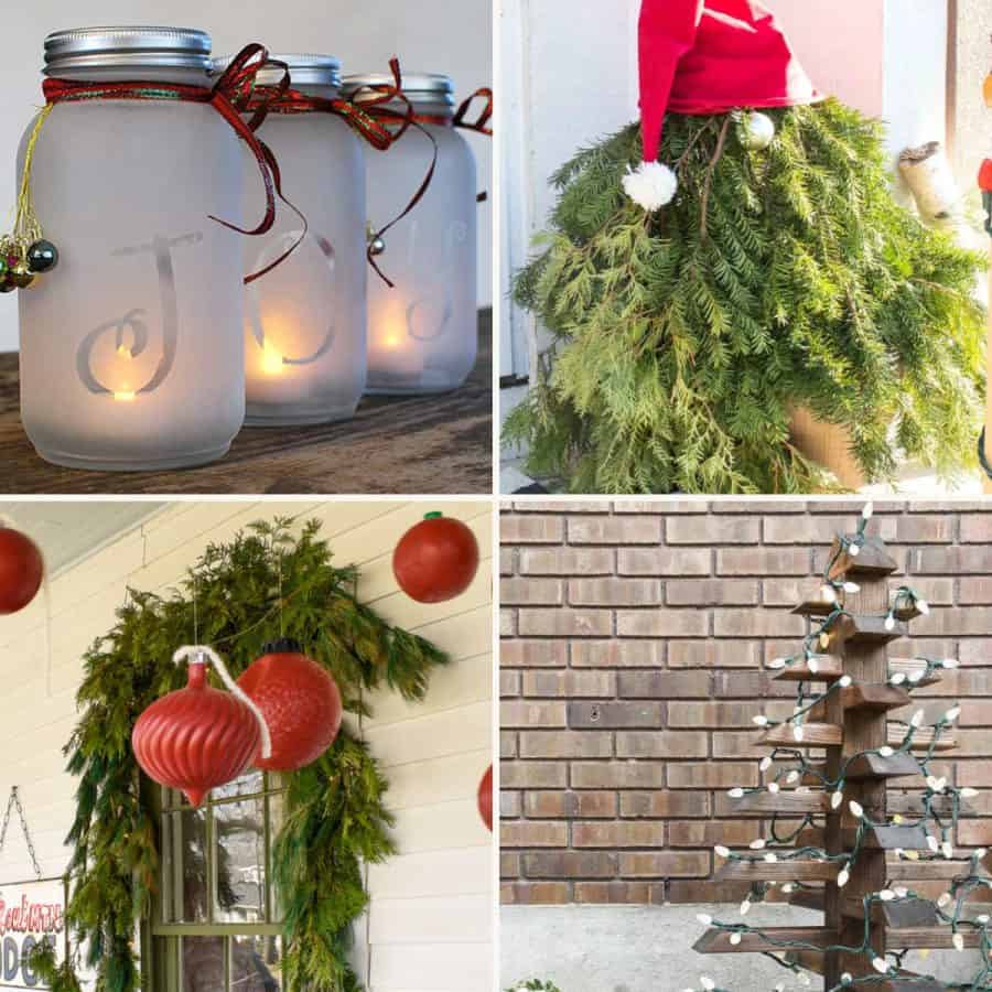 collage of 4 outdoor christmas ornament projects-oversized hanging ornaments, snow frosted lit mason jars, a evergreen gnome