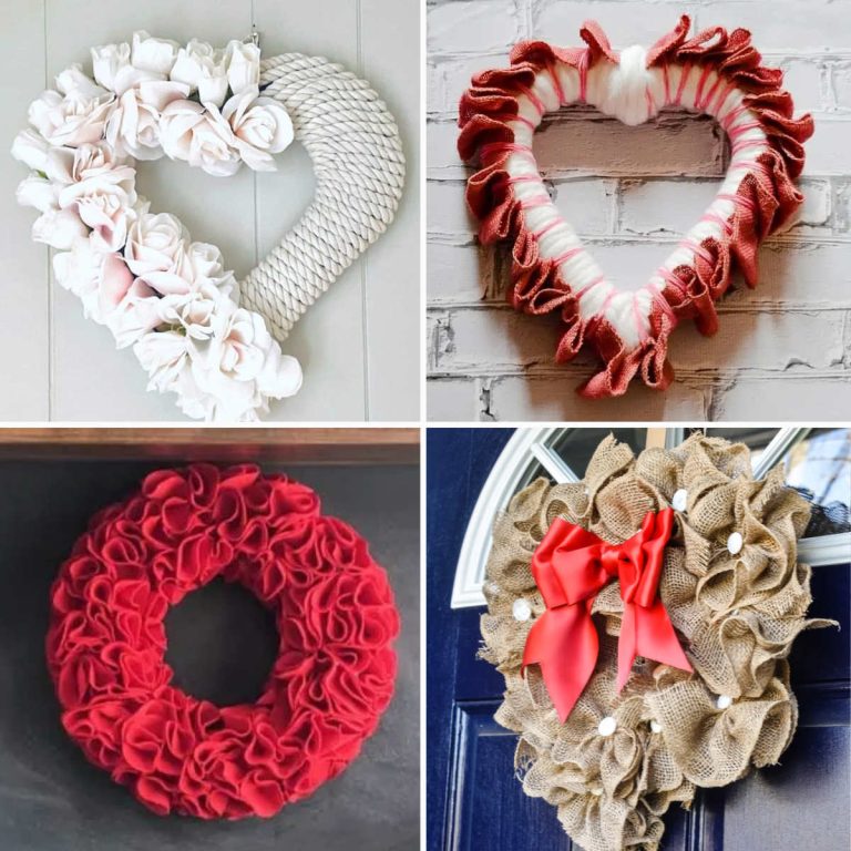 four wreaths- one ruffled and round with red felt, one burlap with red ribbon in middle, one red yarn, one rope and silk flowers for valentines day diy