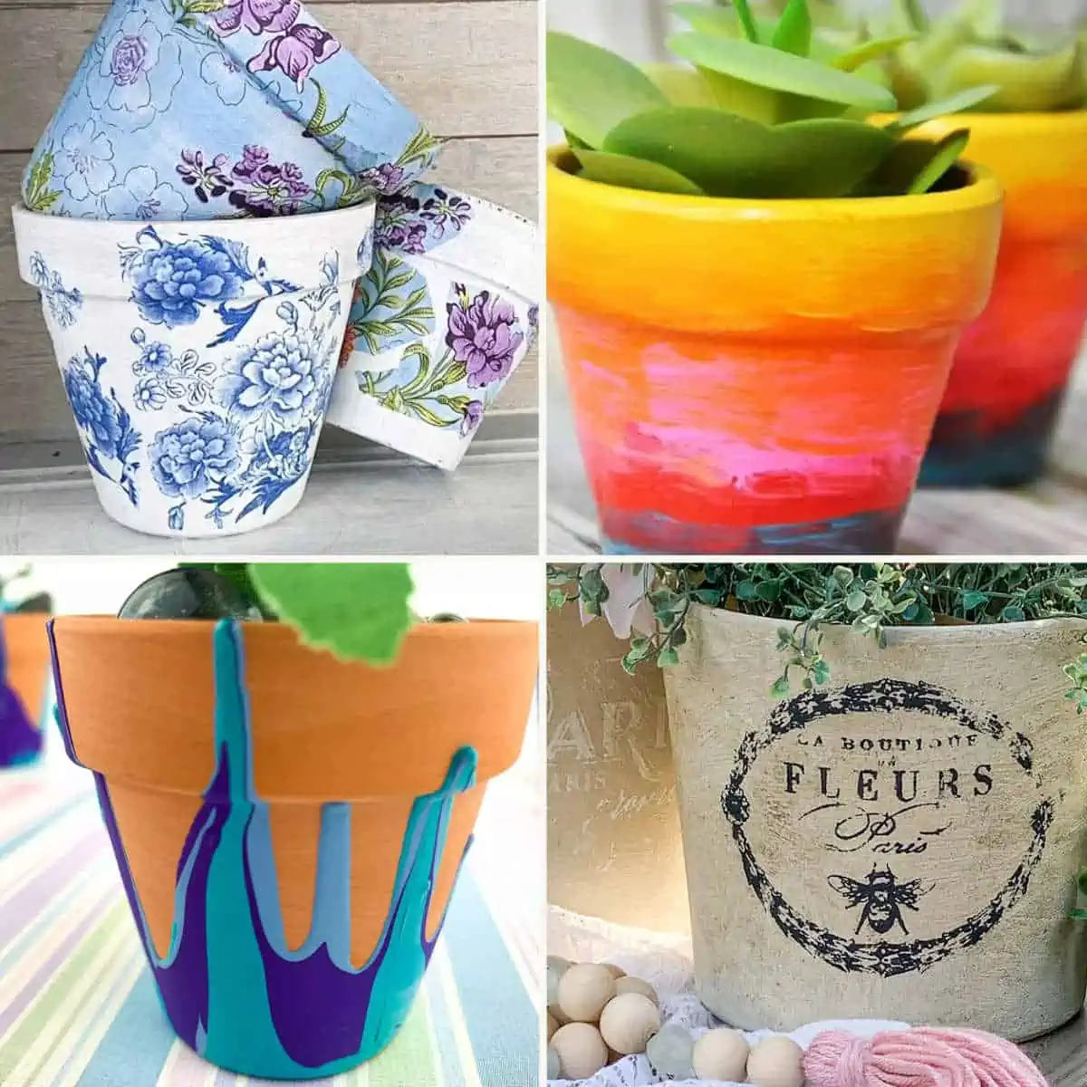 4 painted clay pots ideas, one rainbow colored, one decoupaged, one drip pour painted and one with aged effect.