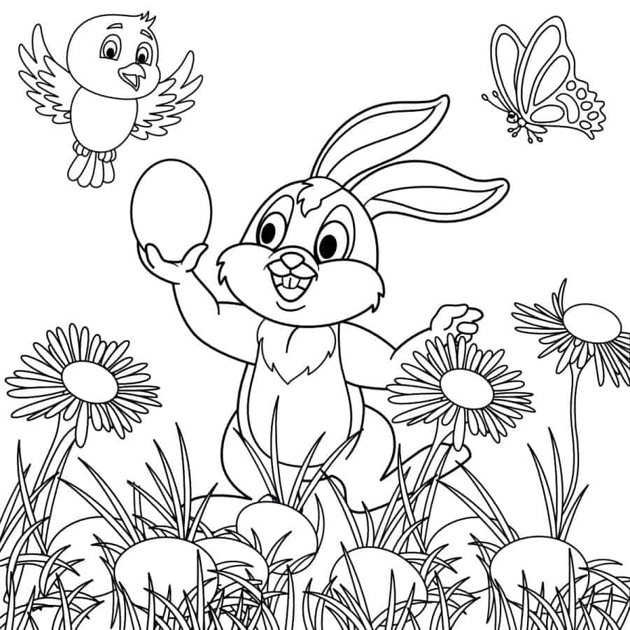 An Easter bunny holds an Easter Egg he's hiding for an egg hunt in blades of grass, with a chick flying above.