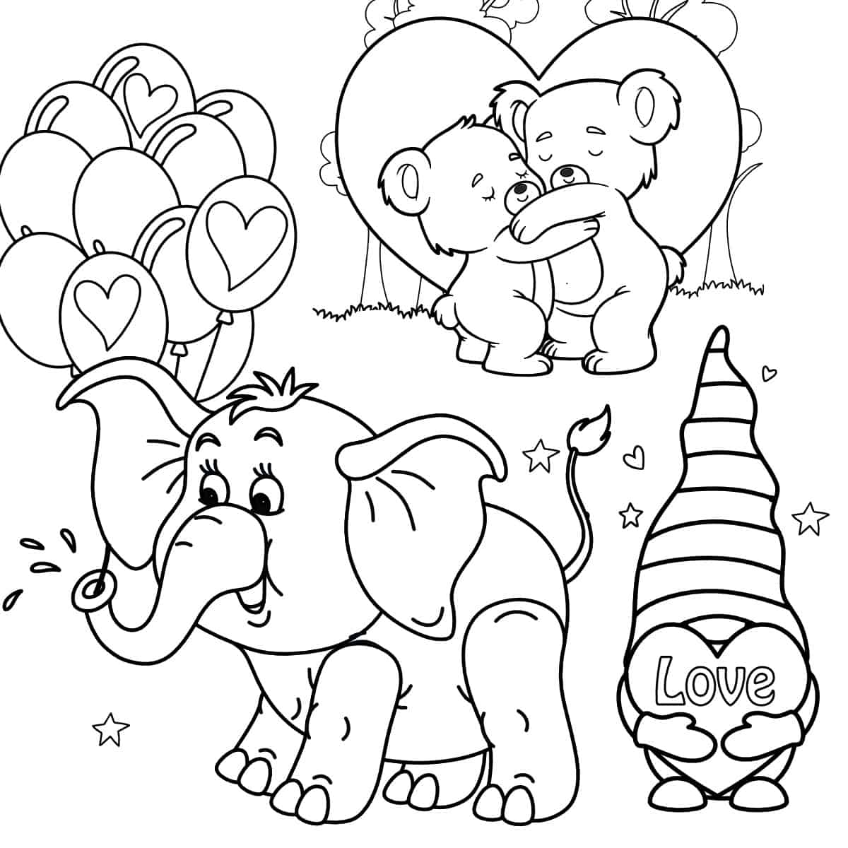 3 images of coloring page characters for valentines day. An elephant with ballons that have hearts, two teddy bears hugging, a gnome holding a heart.