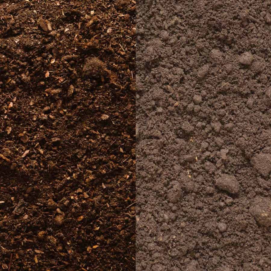 Compost next to topsoil from a top view. The compost is darker and richer looking than the topsoil.