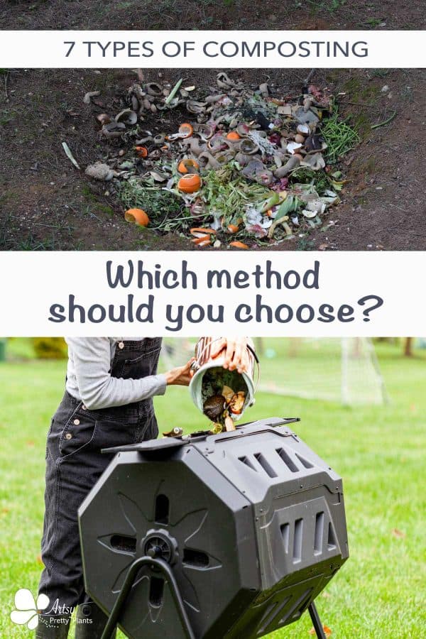 picture of a trench dug and filled with organic kitchen waste over a photo of a woman putting waste into a tumbler barrel.