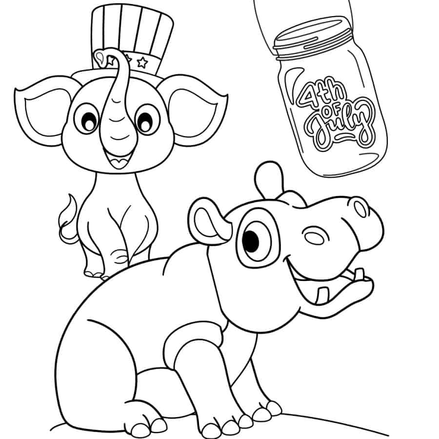 An owl holding an American flag, elephant with Uncle Sam hat and mason jar with words 4th of July.