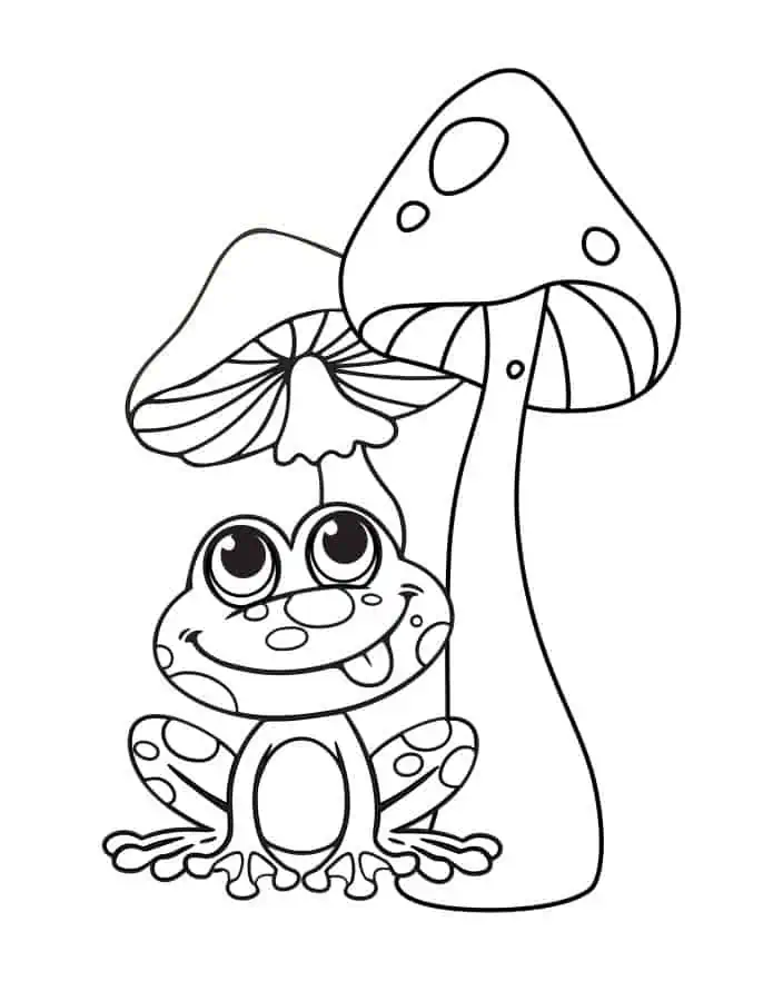 Coloring page of mushrooms and a toad.