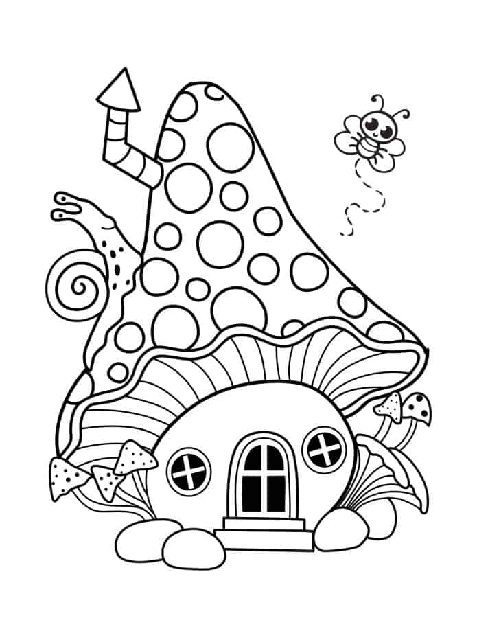 Coloring page of a mushroom house.
