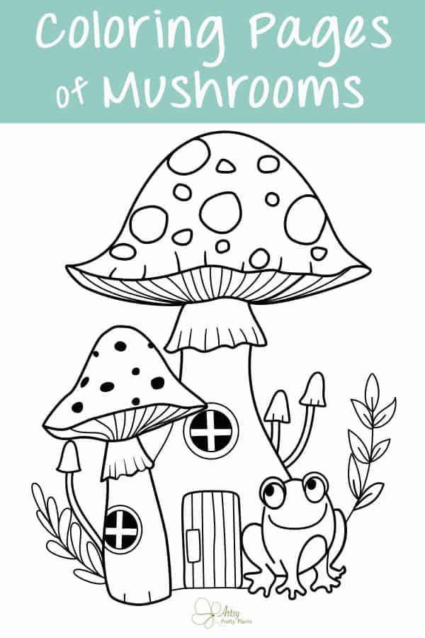 Mushroom coloring page showing a line drawing of a mushroom house and a frog sitting below.