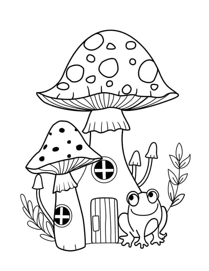 Mushroom coloring page of a frog sitting under a mushroom house.