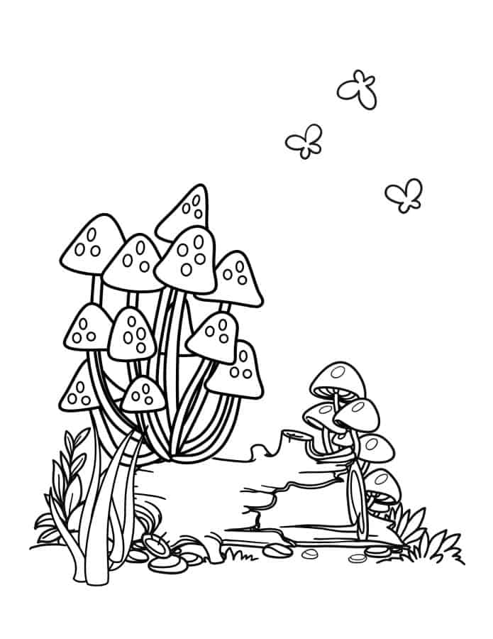 Mushroom coloring page of mushrooms growing out of a log.