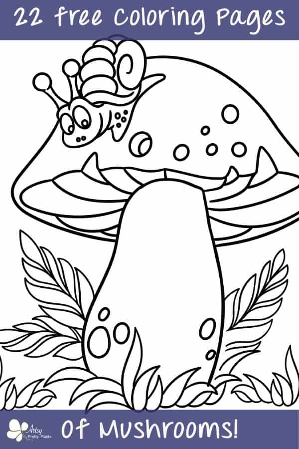 Mushroom coloring page of a line drawing of a snail on top of a mushroom, looking down at the grass.