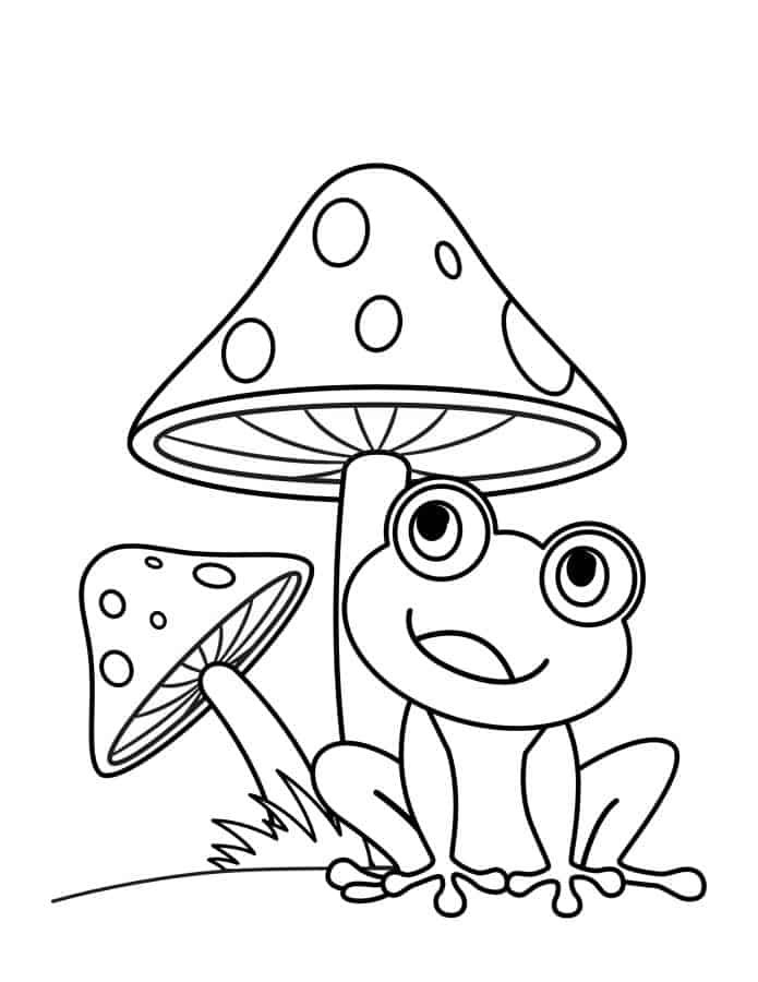Coloring book page of a cute frog with two mushrooms.