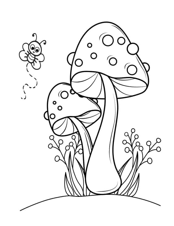 Coloring page of mushrooms with two realistic mushrooms in the grass with a butterfly.
