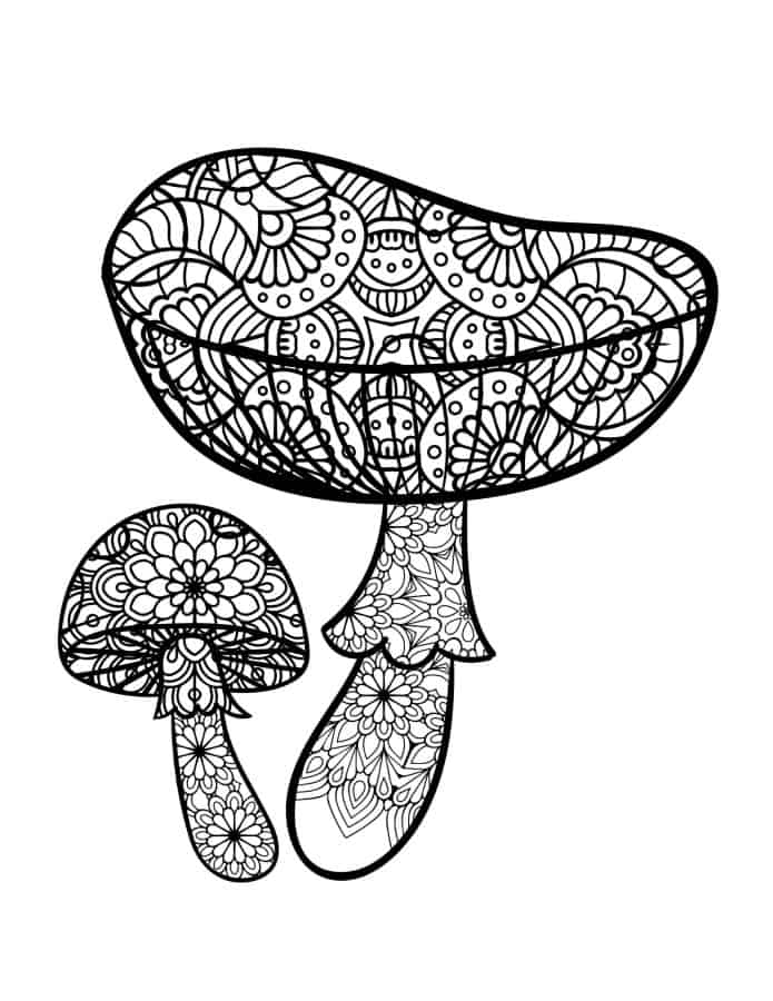 Very intricate coloring page of mushrooms with zentangle patterns inside.