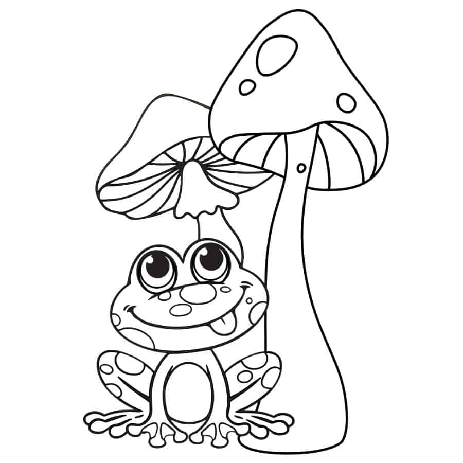 A mushroom coloring page line drawing of a cute frog sitting under two mushrooms.