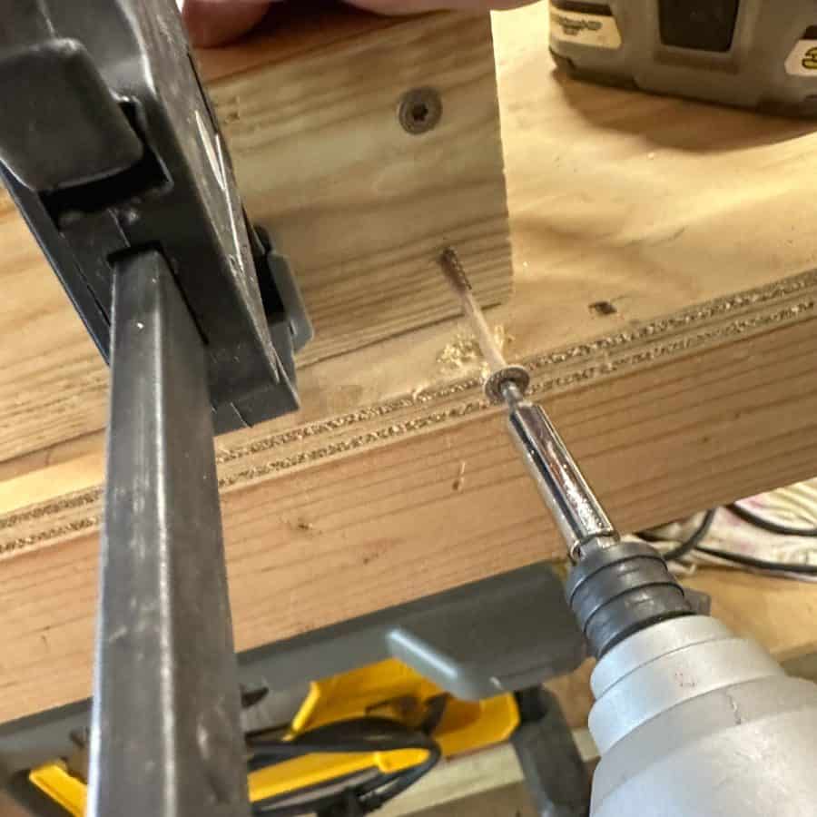 Power drill screwing screws into 2x4 frame parts of potting bench.