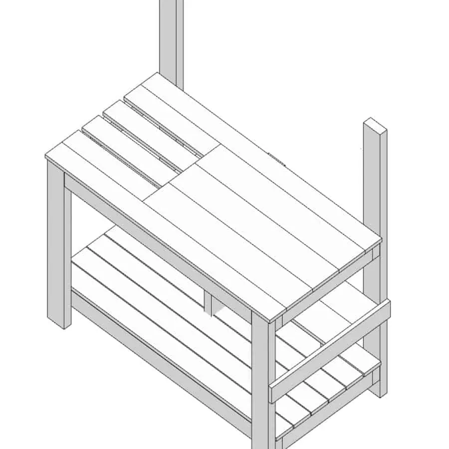 Potting bench plans drawing of top of countertop and order of planks and sizes of boards.