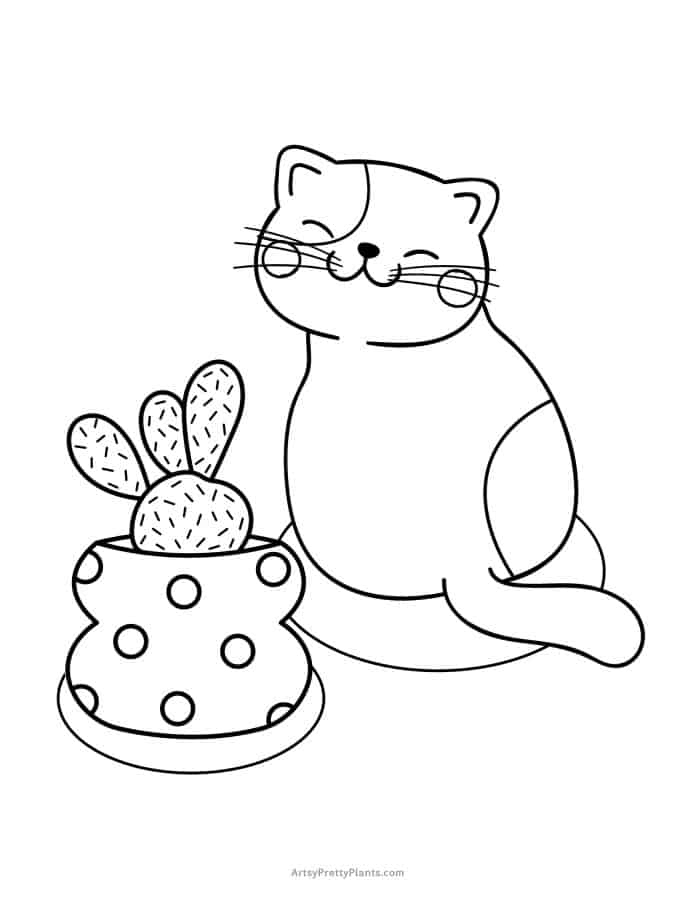 Coloring page of a smiling cat next to a cactus in a decorative pot.