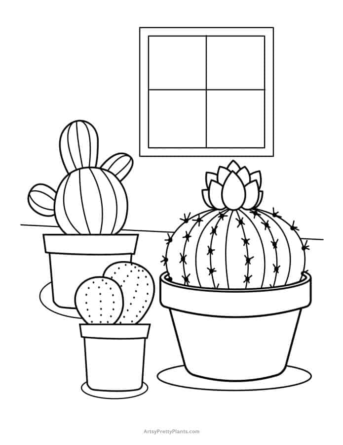 Coloring page of three cactus plants in pots on a table in front of a window.