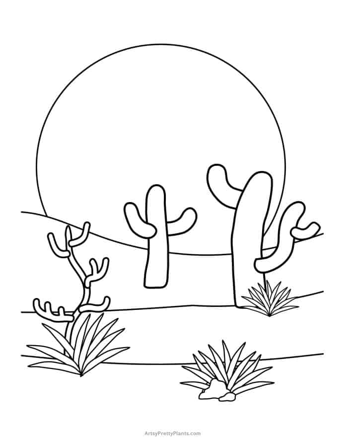 Coloring page of many cacti out in a desert.