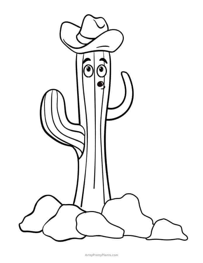 Coloring page of a funny cactus with a face and a cowboy hat.