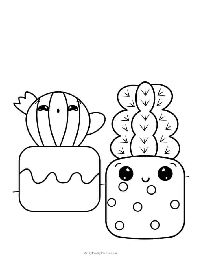 Coloring page of two cute Kawaii-style cactus plants and pots.