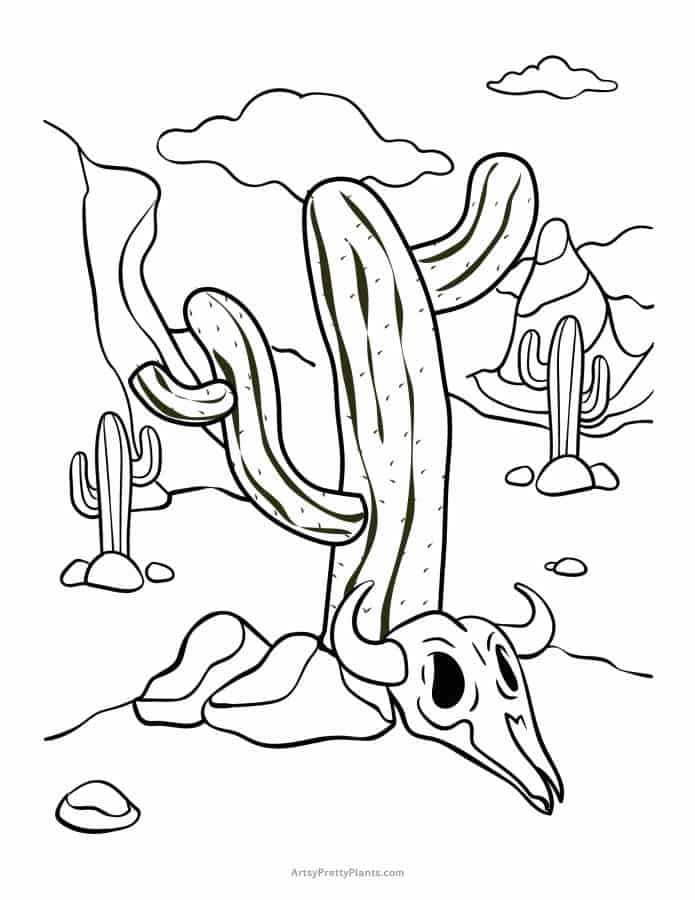 Line drawing coloring page of a saguaro cactus with cow skull in front, desert scene background.
